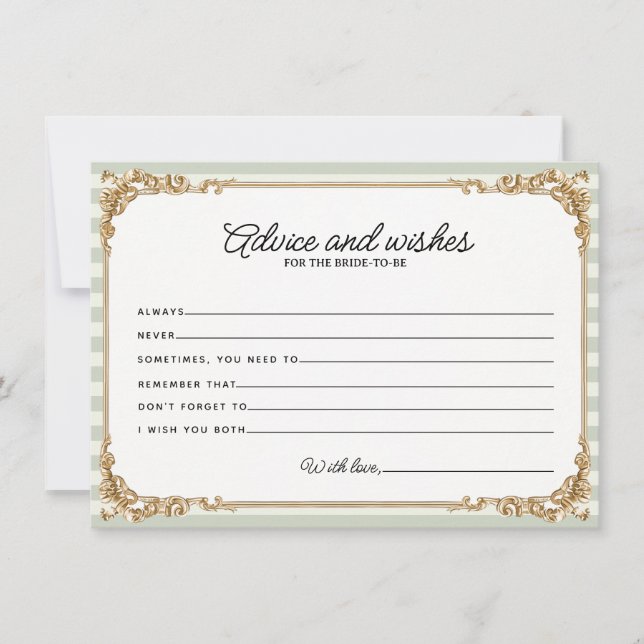 Sage Vintage Stripe Bridal Shower Advice card  (Front)