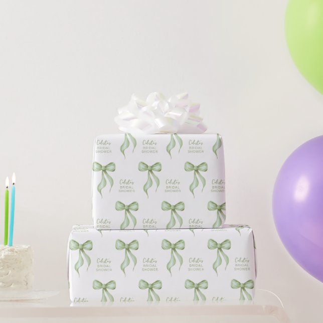 Sage Watercolor Bow Personalised Bridal Shower Wrapping Paper (Party Gifts)