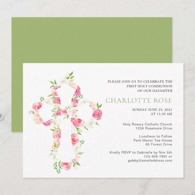 Sage Watercolor Floral Cross First Holy Communion Invitation (Front/Back)