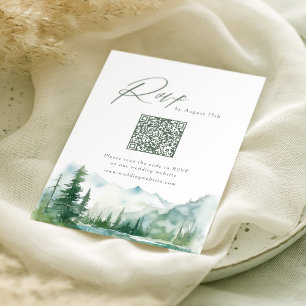Sage Watercolor Mountain Forest Rustic QR code RSVP Card