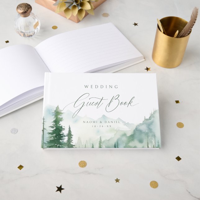 Sage Watercolor Mountain Forest Rustic Wedding Guest Book (Front Open)