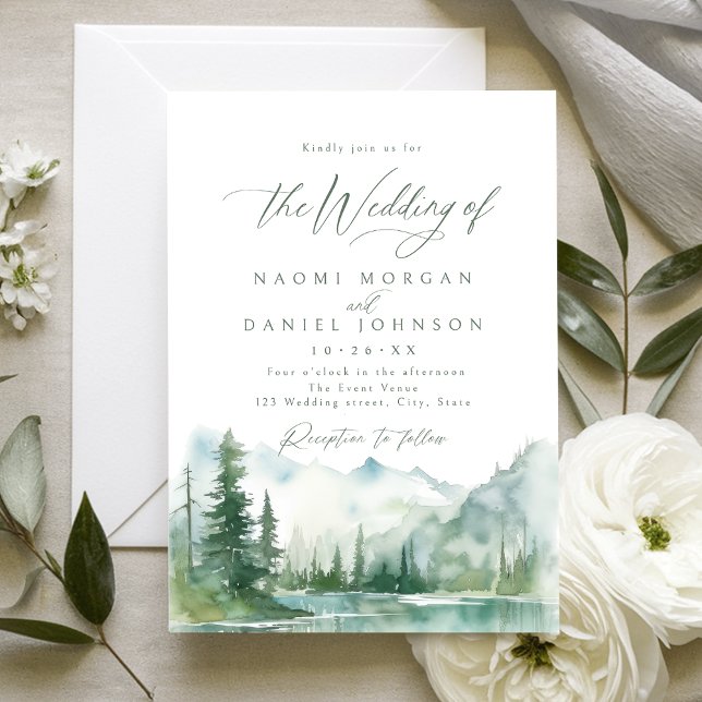 Sage Watercolor Mountain Forest Rustic Wedding Invitation (Sage Watercolor Mountain Forest Rustic Wedding Invitation)