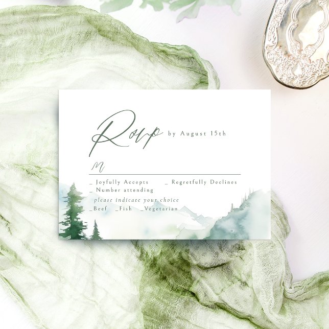 Sage Watercolor Mountain Forest Rustic Wedding RSVP Card (Sage Watercolor Mountain Forest Rustic Wedding RSVP Card)