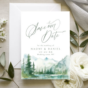 Sage Watercolor Mountain Forest Rustic Wedding Save The Date