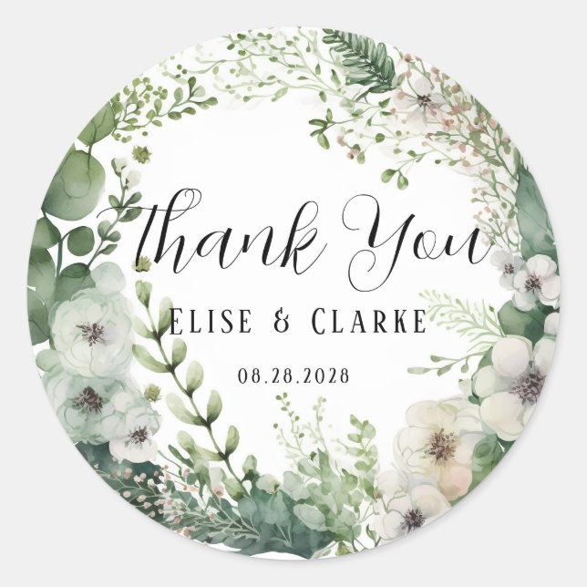 Sage Watercolor Peony Wedding Thank You Classic Round Sticker (Front)