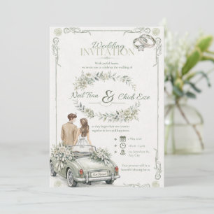 Sage Watercolor Vintage Car Wedding Invitation
