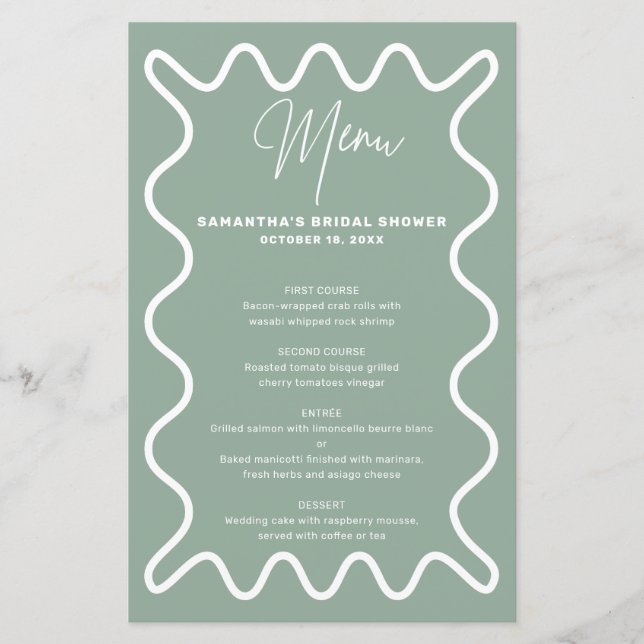 Sage Wavy Border menu card with name (Front)