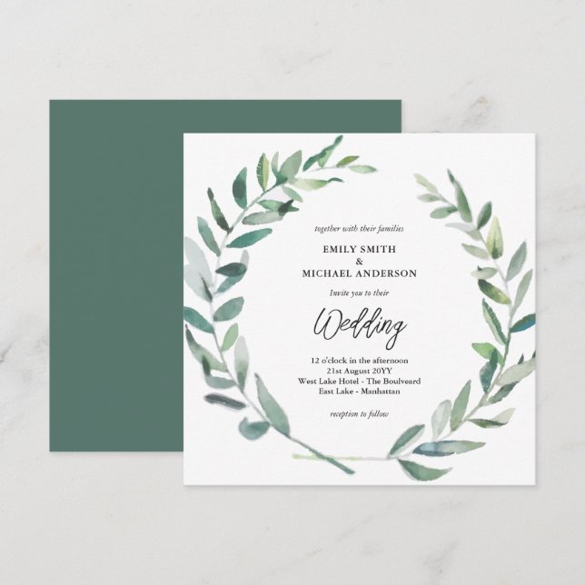 Sage Wedding Invitation Modern Olive Leaves (Front/Back)
