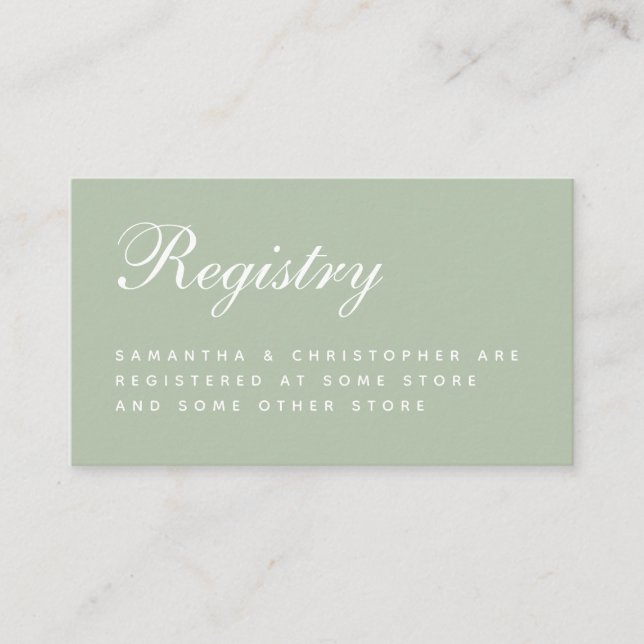 Sage Wedding Registry Elegant Script Simple Green  Enclosure Card (Front)