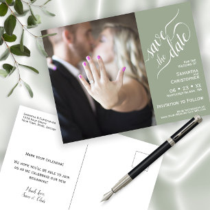 Sage Wedding Save the Date Photo & Calligraphy Announcement Postcard