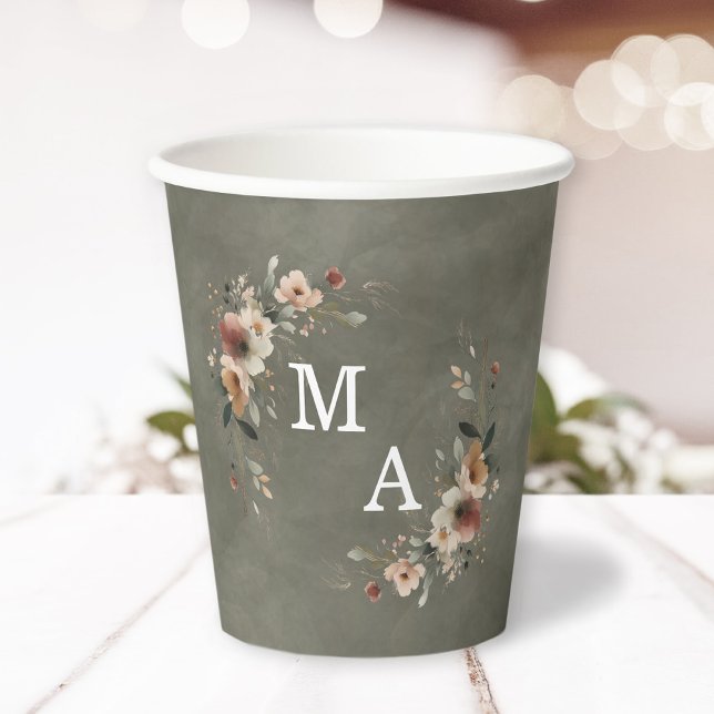 Sage Whisper Green Floral Wreath Wedding Monogram Paper Cups (Elegant paper cups adorned with monogrammed floral wreaths, perfect for toasting in style.)
