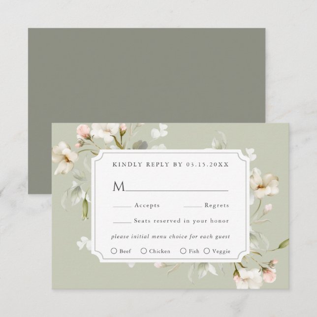 Sage White Blush Elegant Floral Wedding RSVP Card (Front/Back)