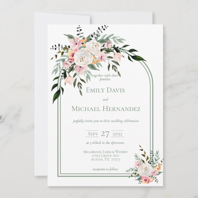Sage White Blush Peach Floral Arch Invitation (Front)