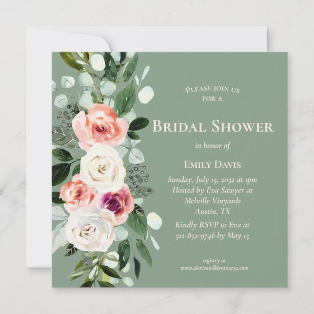 Sage White Blush Peach Floral Bridal Shower Invite (Front)