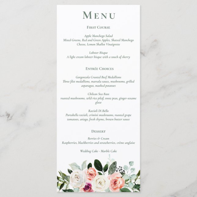 Sage White Blush Peach Floral Menu (Front)