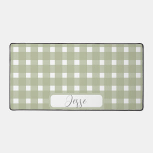 Sage White Gingham Pattern Desk Mat