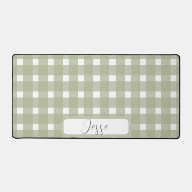 Sage White Gingham Pattern Desk Mat (Front)