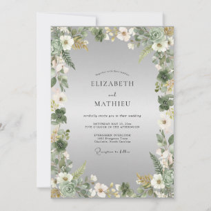 Sage White Organic Floral Wedding Invitation