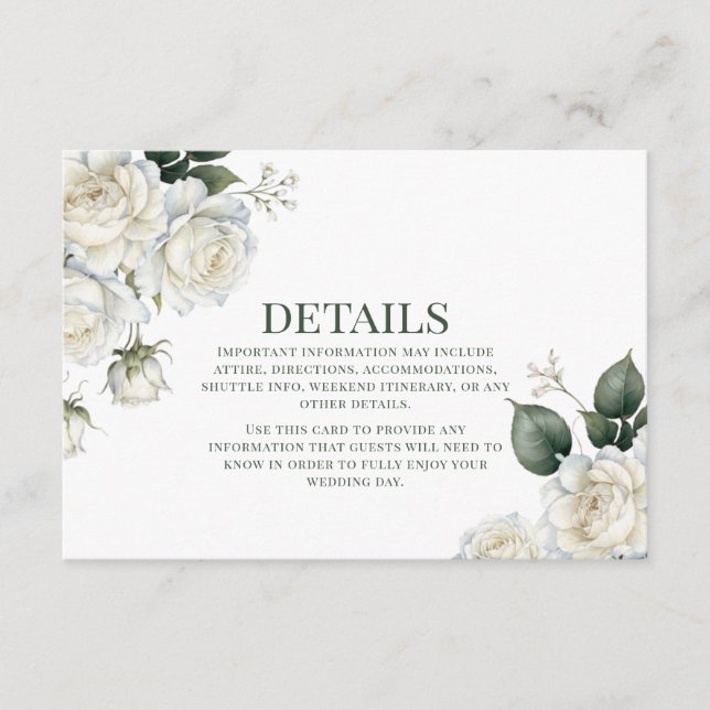 Sage & White Rose Floral Wedding  Enclosure Card (Front)