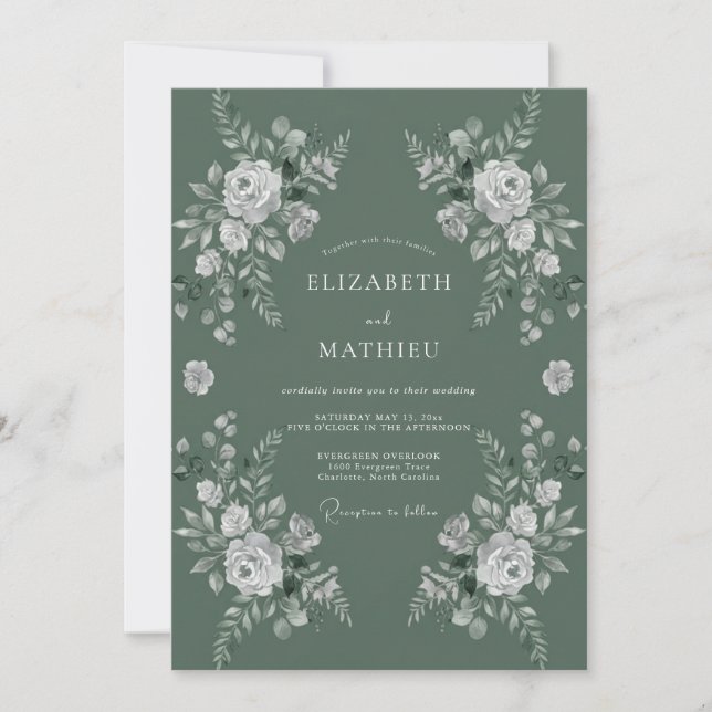 Sage White Rose Wedding Invitation (Front)