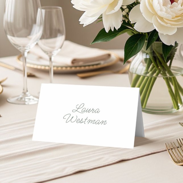 Sage White Simple Script Wedding Folded Place Card (Creator Uploaded)