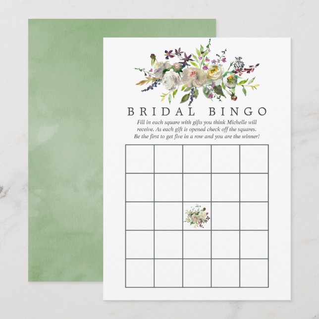 Sage & White Watercolor Floral Bridal Shower Bingo Invitation (Front/Back)