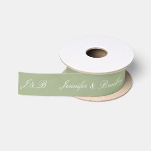 Sage White Wedding Monogram Personalised Names Satin Ribbon