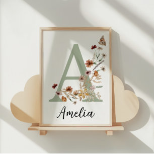 Sage Wildflower Boho Girl Nursery Name Monogram  Poster