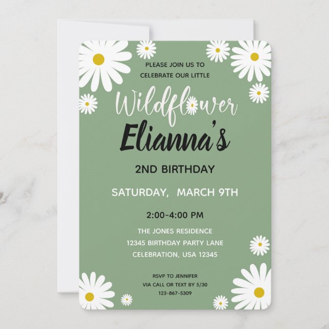 Sage Wildflower Daisy Girl Birthday Invitation (Front)