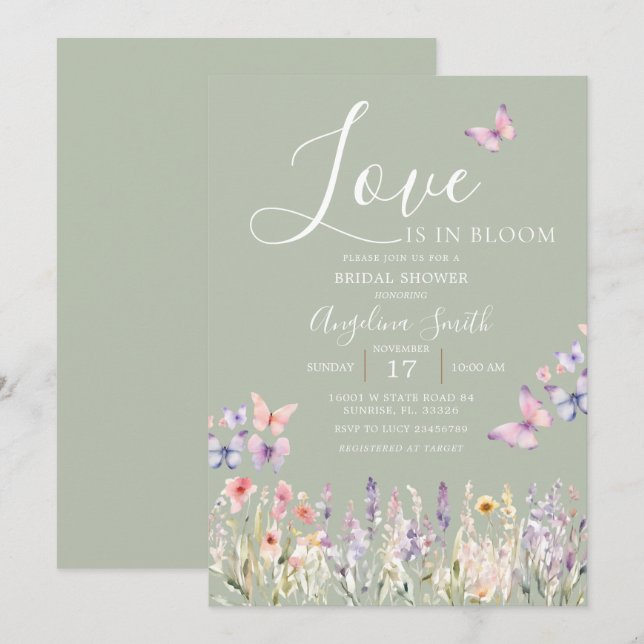 Sage Wildflower Floral Butterfly Bridal Shower  Invitation (Front/Back)