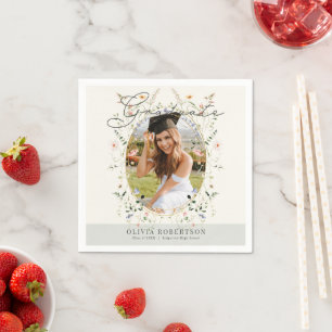 Sage Wildflower Floral Photo Graduation Napkin