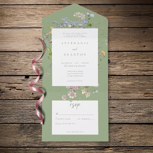 Sage Wildflower Garden Elegant Wedding All In One Invitation
