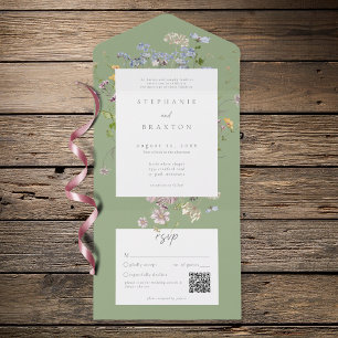 Sage Wildflower Garden Elegant Wedding QR All In One Invitation