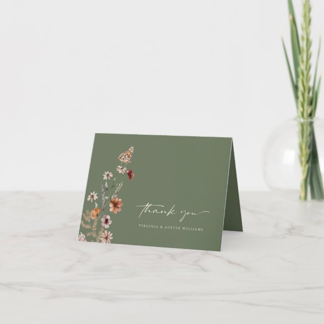 Sage Wildflower Wedding Thank You Card (Front)