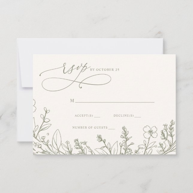 Sage Wildflowers Woodland Garden Floral Wedding RSVP Card (Front)