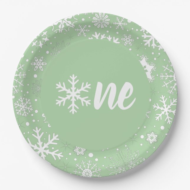 Sage Winter First Birthday Snowflake One Plates (Front)