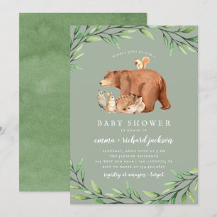 Sage Woodland Greenery Forest Animals Baby Shower Invitation