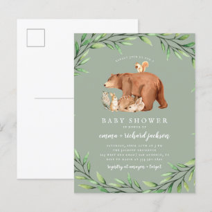 Sage Woodland Greenery Forest Animals Baby Shower Invitation Postcard