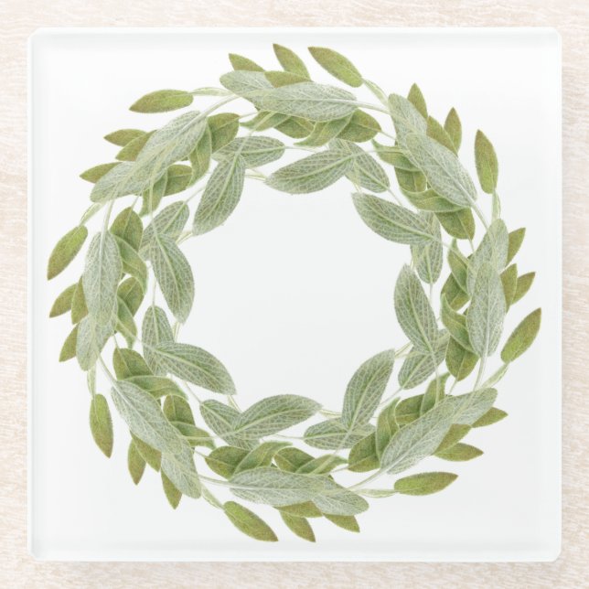 SAGE WREATH Glass Drink Coaster (Front)