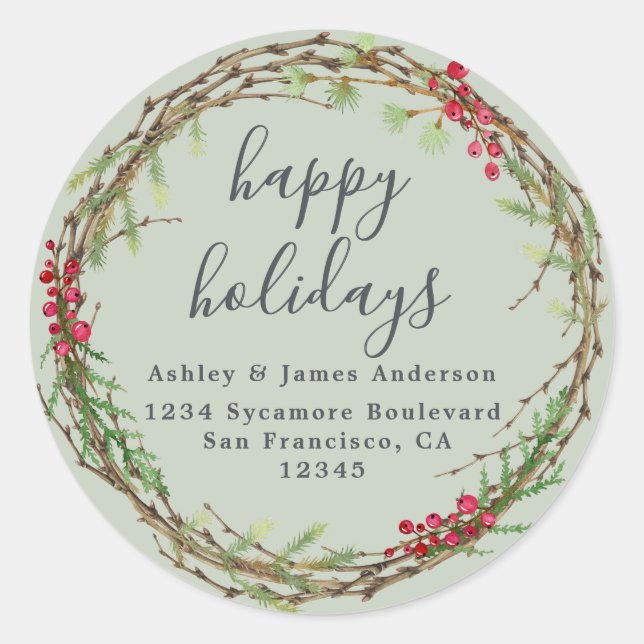 Sage Wreath Holiday Return Address Classic Round Sticker (Front)