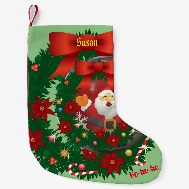 Sage  Wreath Holiday Santa Small Christmas Stocking (Front)