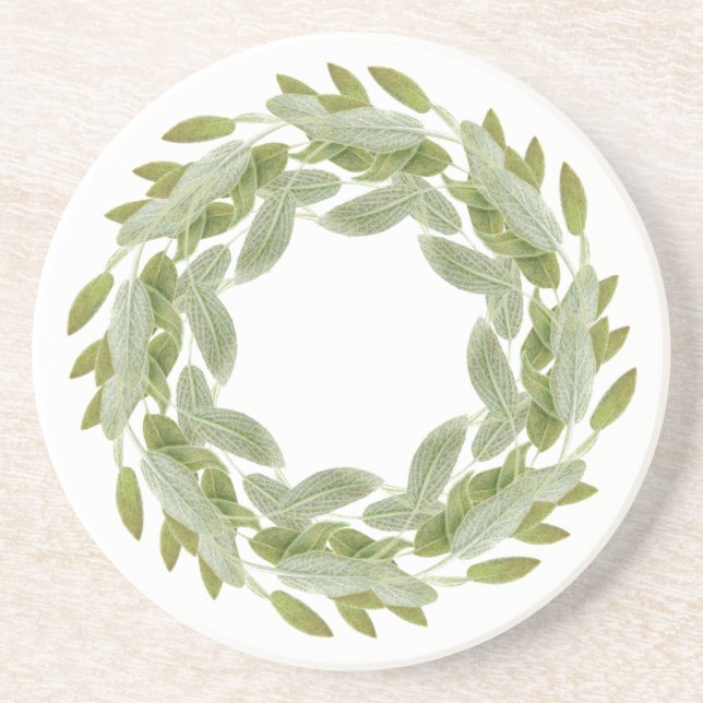 SAGE WREATH Round Sandstone Coaster (Front)