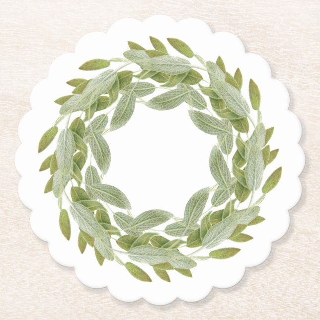 SAGE WREATH Scalloped Round Paper Coasters (Front)