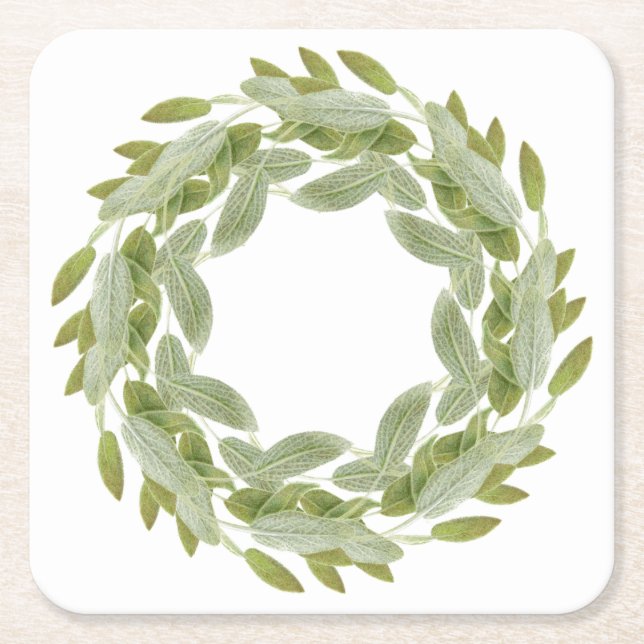 SAGE WREATH Square Paper Coasters (Front)