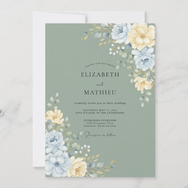 Sage Yellow Soft Floral Wedding Invitation (Front)