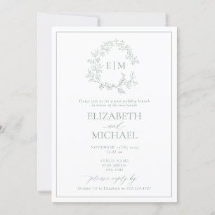 SageGreen Leafy Crest Monogram Post Wedding Brunch Invitation