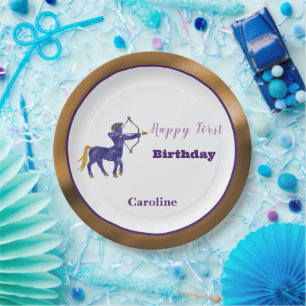 Sagittarius 1st Birthday Gold & Purple Artistic Paper Plate