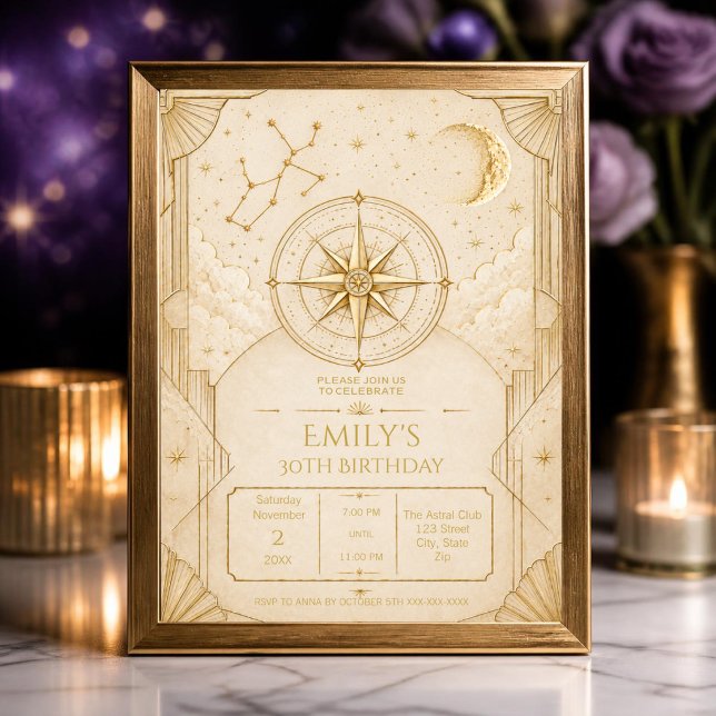 Sagittarius 30th Birthday Invitation | Elegant (Elegant Sagittarius 30th birthday invitation with celestial Art Deco design for astrology celebratio)