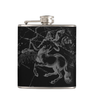 Sagittarius Constellation Hevelius Map on Black Hip Flask