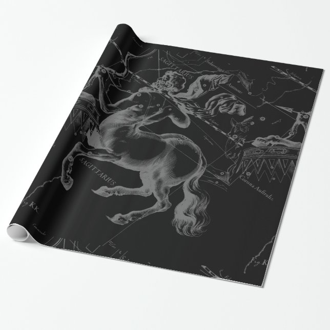 Sagittarius Constellation Hevelius Map on Black Wrapping Paper (Unrolled)